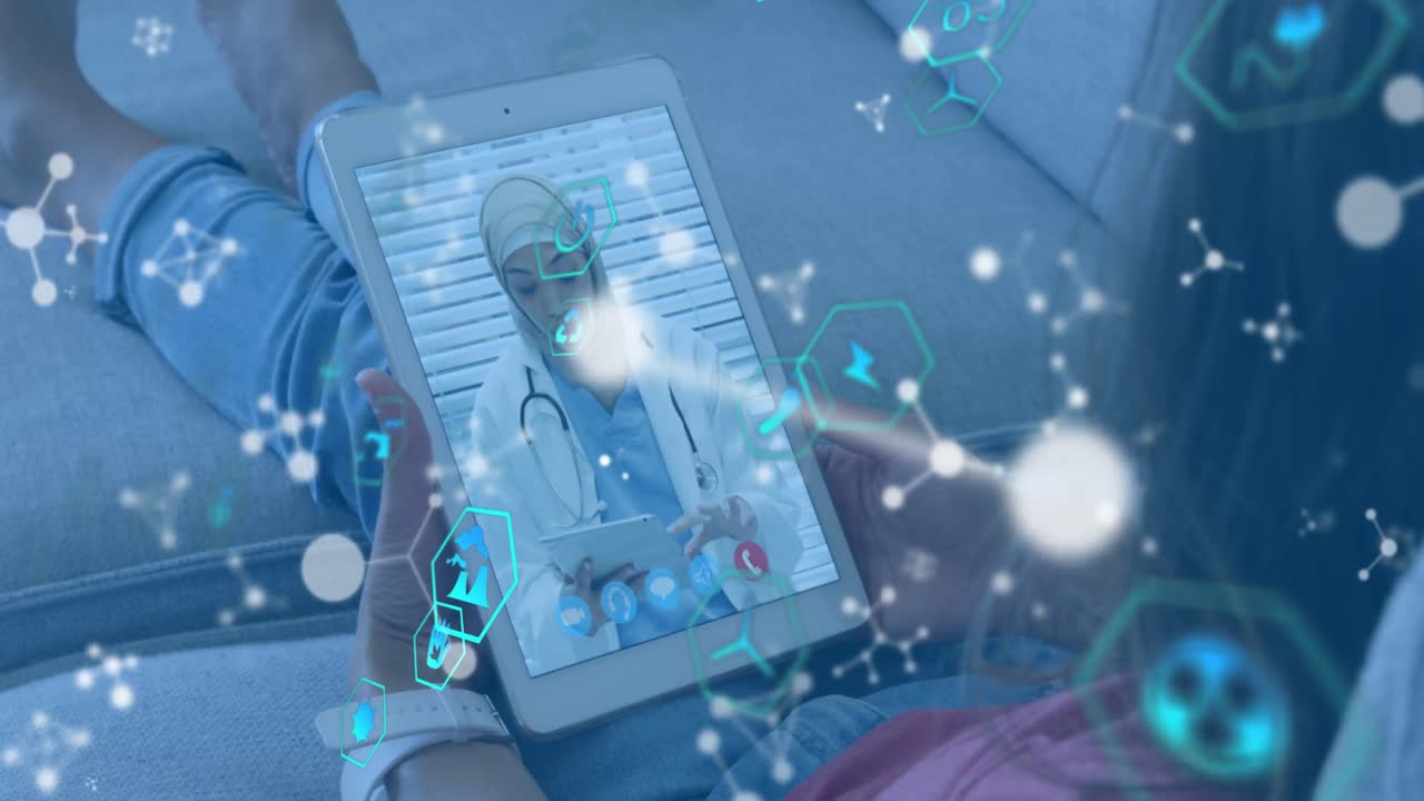 Animation of shapes over biracial female doctor having video call
