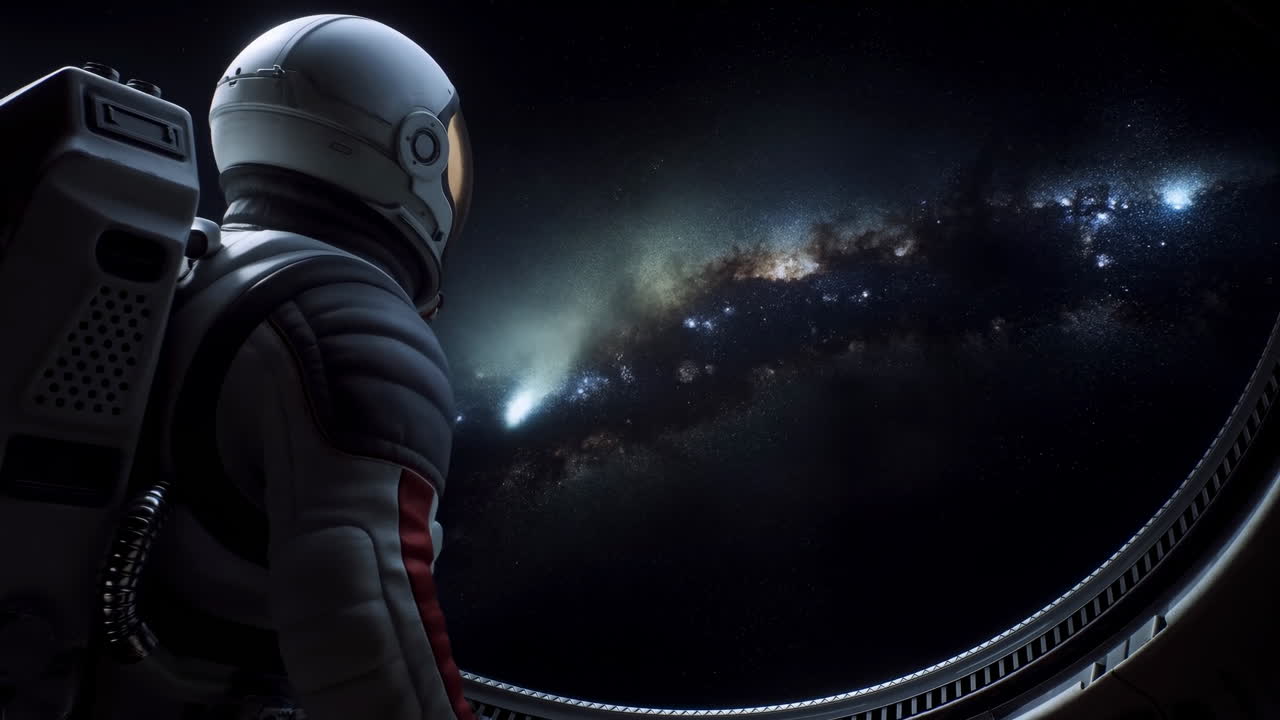 Astronauthjelm kigger gennem vindue til kosmos, reflekterende visir og dragtsilhuet indrammer en fejende galakse.