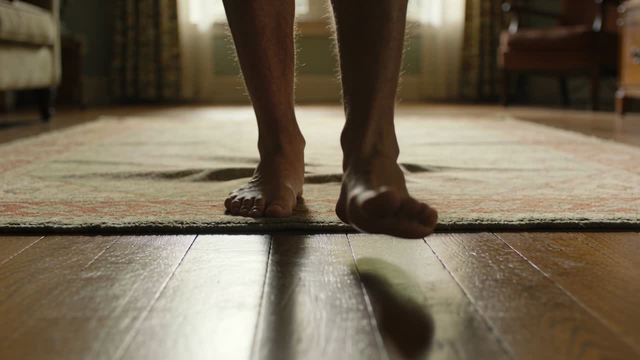Shifting weight bare feet moving forward on living-room rug and hardwood floor, nudging green toy