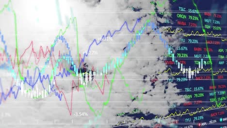 animation of digital data interface over cloudy sky