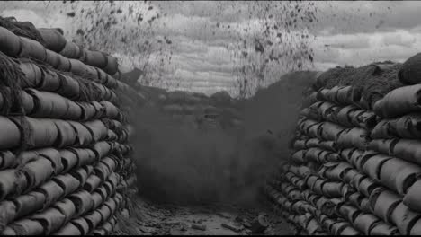 dramatic black and white scene of trench warfare during world war one, with soldiers bracing under heavy artillery fire and sandbags providing minimal protection amidst a chaotic battlefield