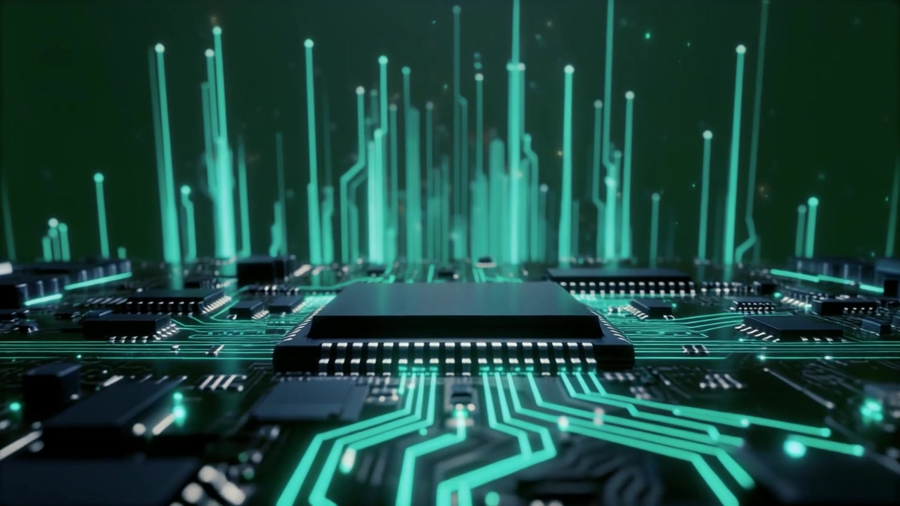 Digital Circuit Board with Glowing Data Streams and Processor