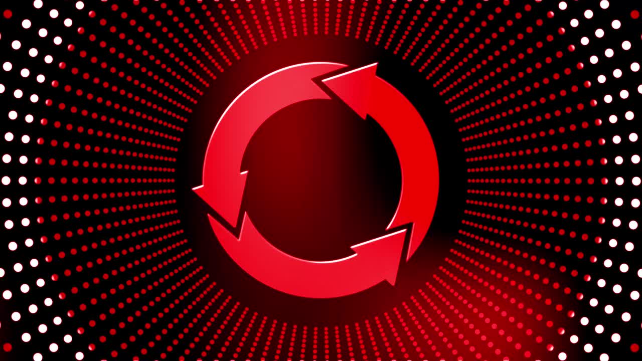 4k에서 추상적인 모션 배경 - 백색의 빨간색 점의 박동하는 반지에서 회전하는 업데이트 표지 - 실린더 모양으로 배열 된 기술 및 자동화 개념