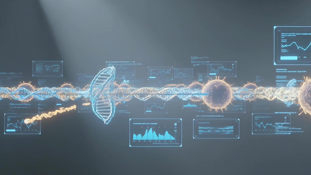 Glowing rays nudging DNA helix turning, orange orbs moving, panels shifting data under beam in lab