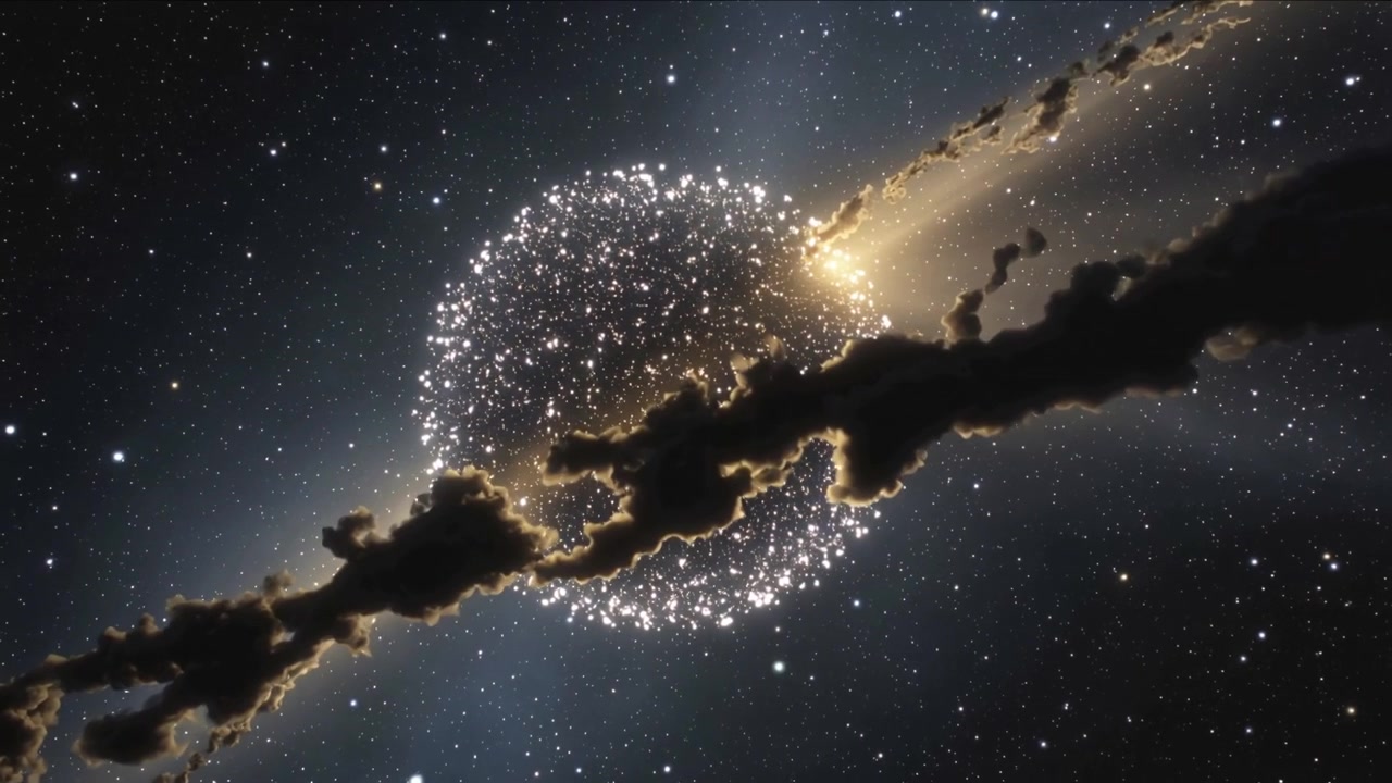 Shifting camera lit orb cluster in deep space revealing top while dark filament drifting past jet