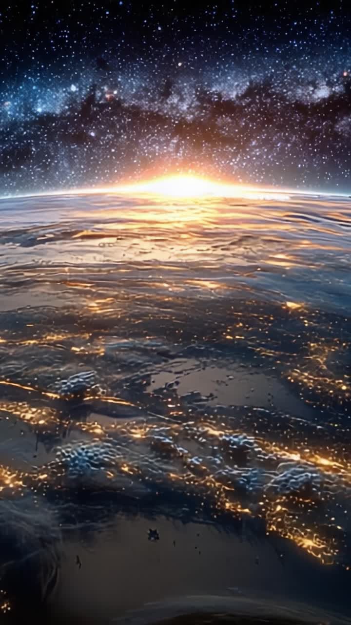 Vue imprenable de la Terre au lever du soleil depuis l'espace, mettant en lumière l'éclat des villes sur un fond étoilé et un horizon magnifique.