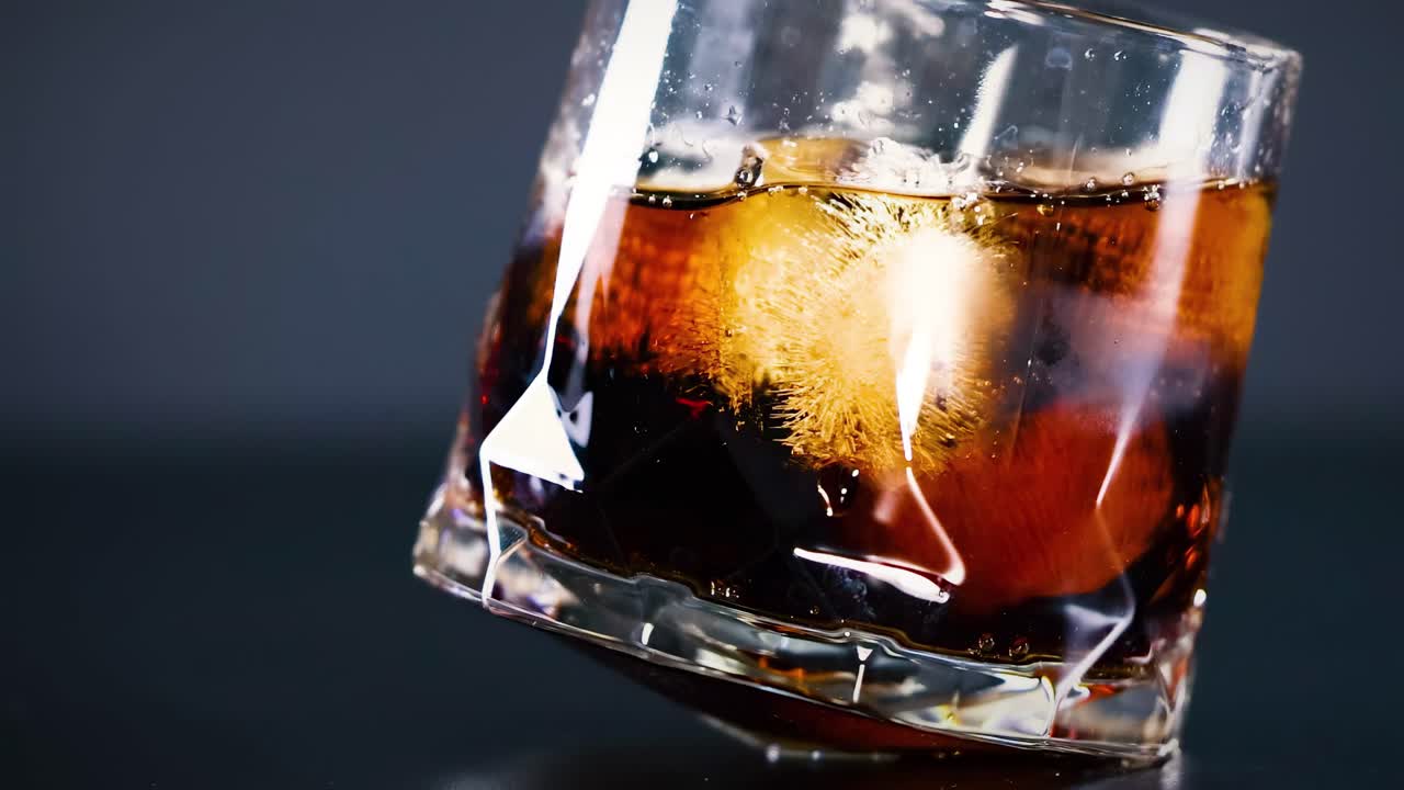A close-up view of a tumbler glass with ice and cola tilting on a surface.