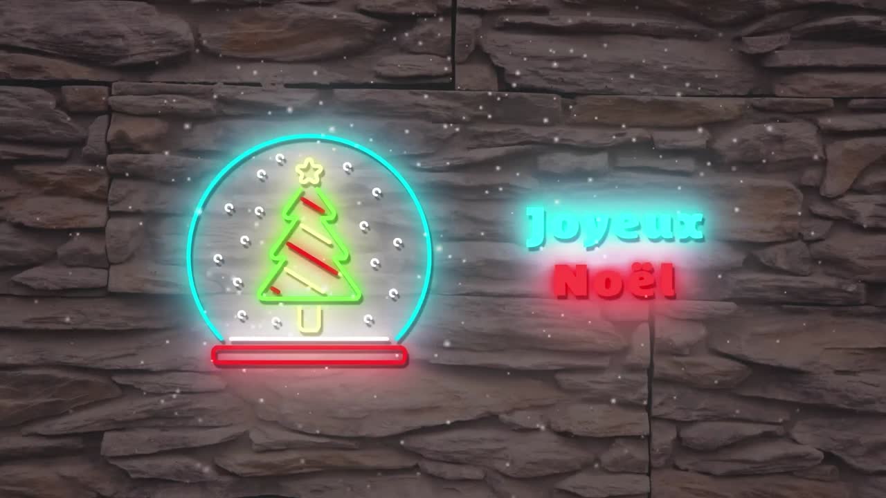animación de neón temporadas de navidad saludos en francés y decoraciones sobre la pared de piedra