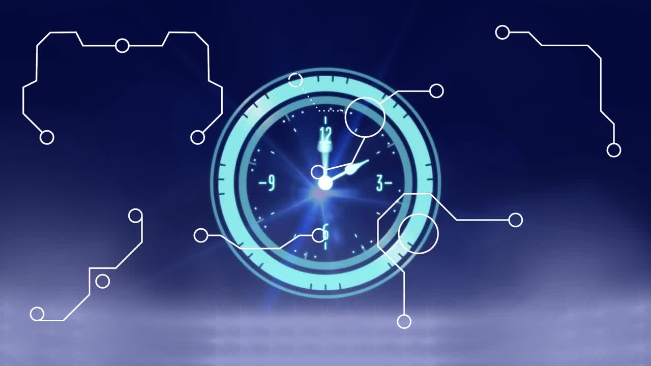 Animation of data processing with clock on blue background