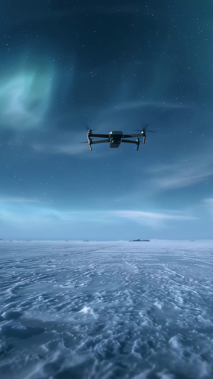 Vertical video: Receiving GPS signal, drone approaching ice under aurora, scanning with gimbal