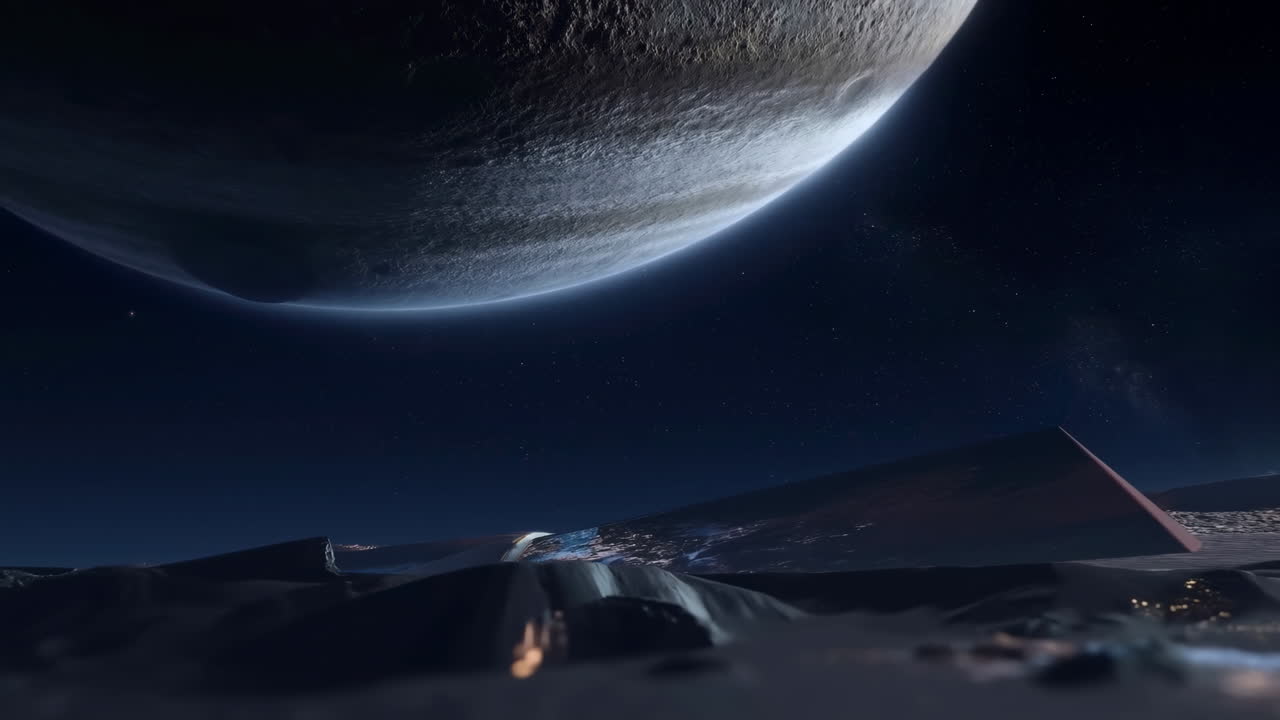 A Giant Planet Hangs Over a Desolate Alien World at Night