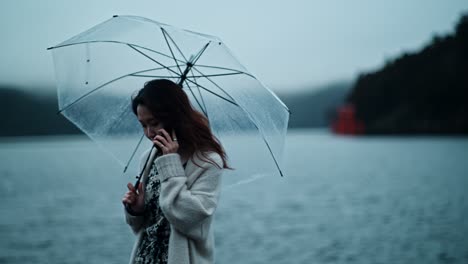 woman with umbrella by the lake in japan during rainy day