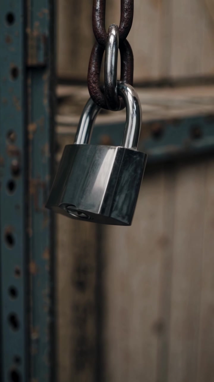 Shiny Padlock Hanging from a Rusty Metal Chain