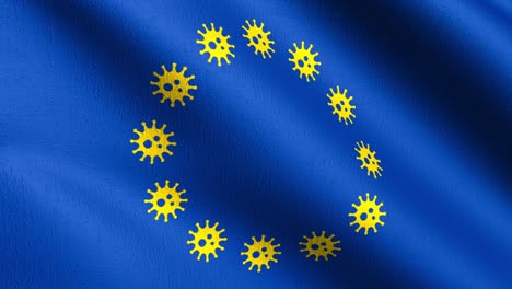 seamless loop 4k vdo. the flag of europe with corona virus2019-ncov or covid 19 sign. the european union or eu on blue background. symbol of nations. 3d rendering illustration of waving sign.