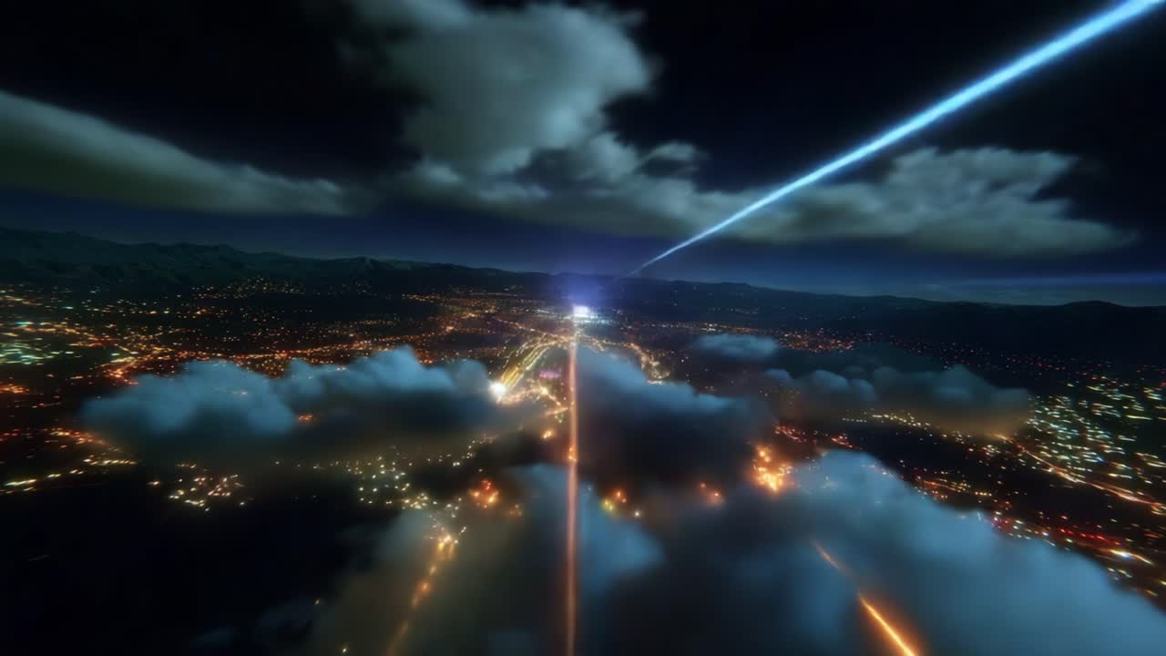 Dynamic Aerial View of Urban Landscape at Night with Digital Light Trails and Cloud Cover, Showcasing the Intersection of Nature and Technology in a Modern Cityscape