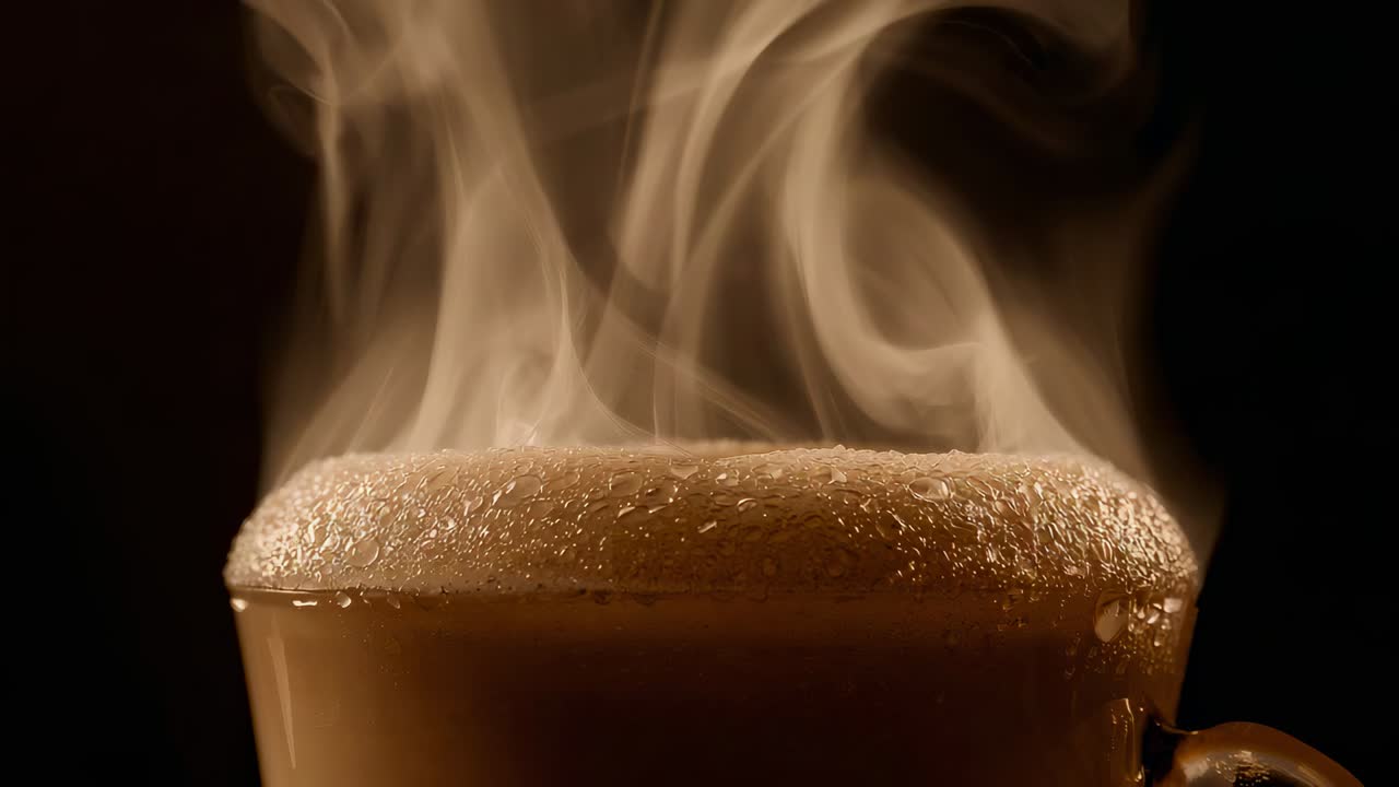 Sending curling steam, heat from hot beverage warming mug on dark studio tabletop, with crema
