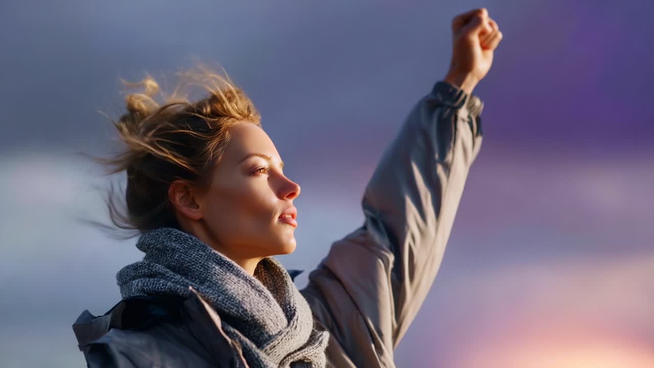 A determined individual stands confidently with raised fist against a dramatic sky, showcasing strength and empowerment, symbolizing hope and resilience in nature's beauty