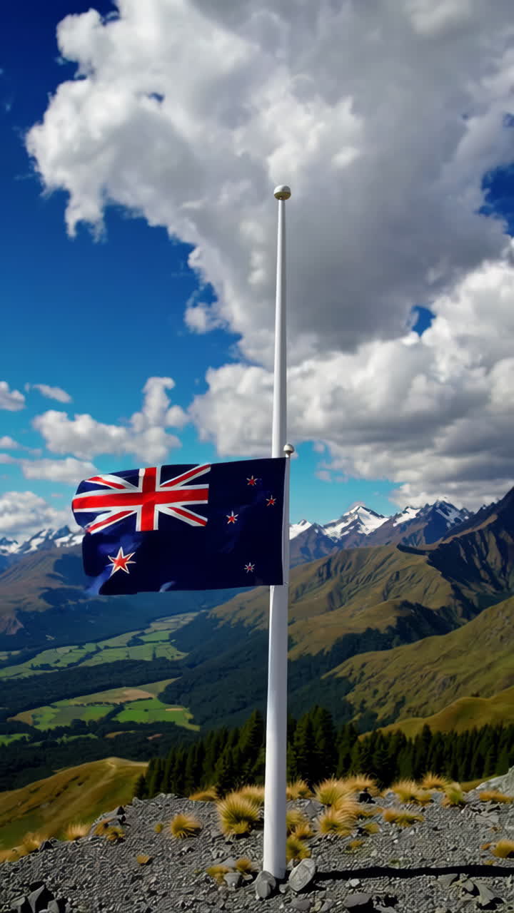 New Zealand Flag on Mountain Summit