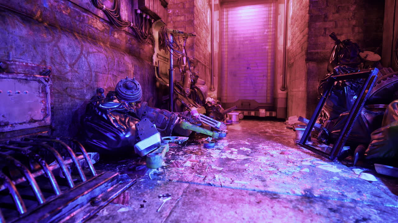 Abandoned alley with scattered garbage and dim neon lights at night