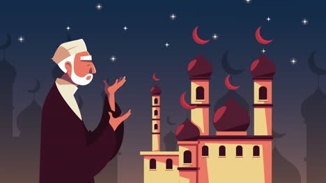 ramadan kareem animation with man muslim praying in mosque