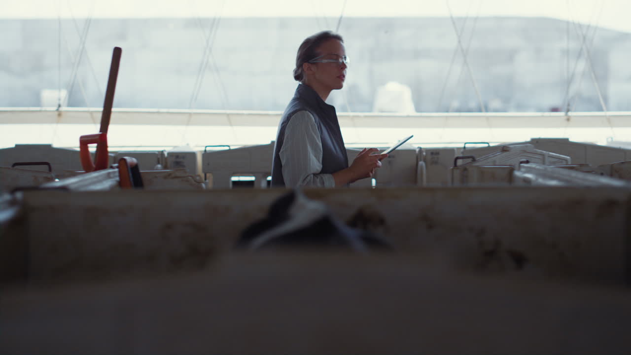 granjero caminando en un cobertizo de ganado en el campo. mujer enfocada sosteniendo una tableta