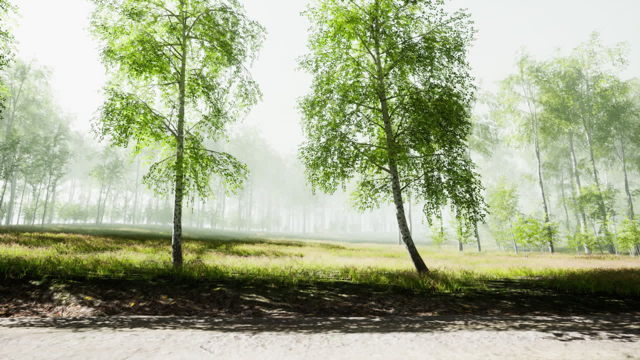 안개 가득 한 버드 숲 의 풍경