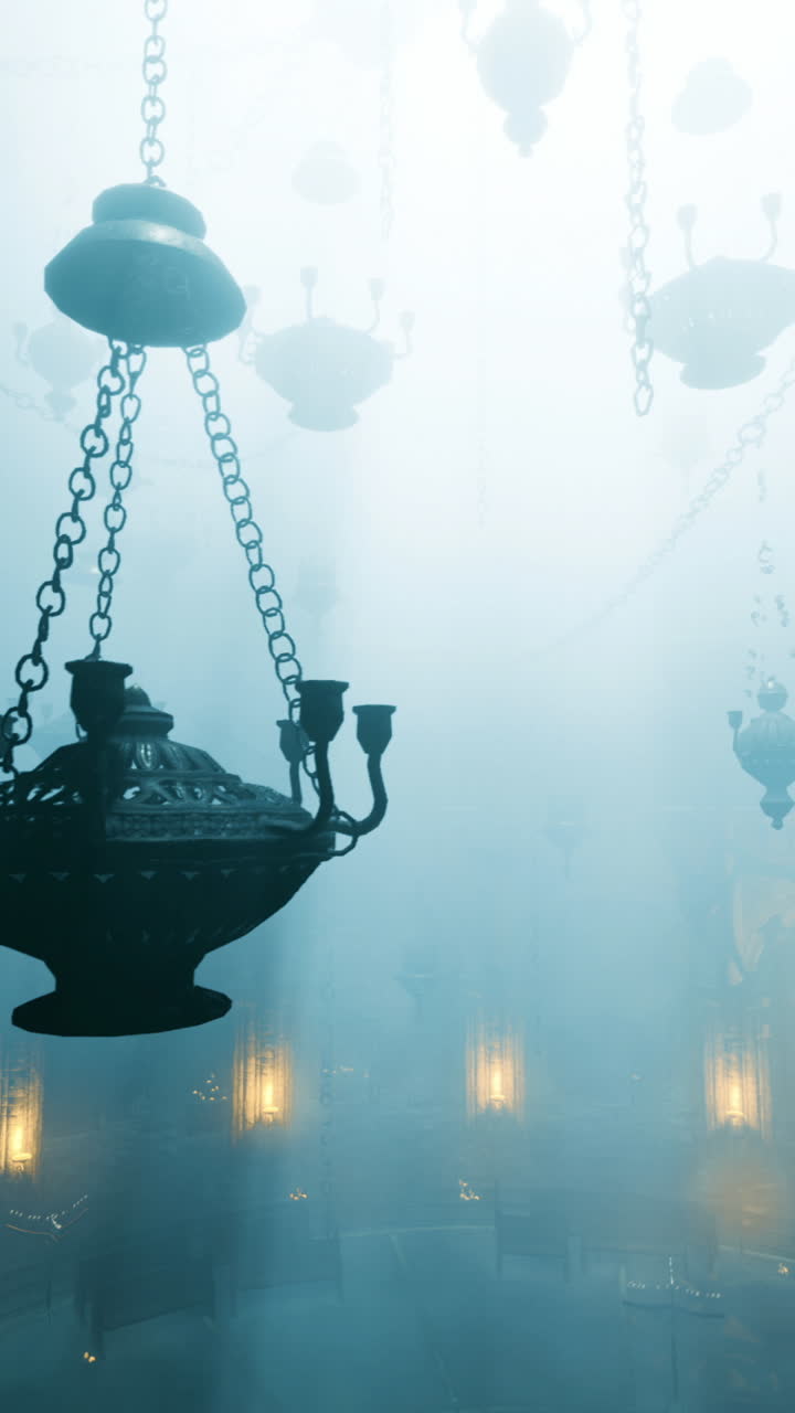 Elegant hanging lanterns illuminate a misty interior at dusk