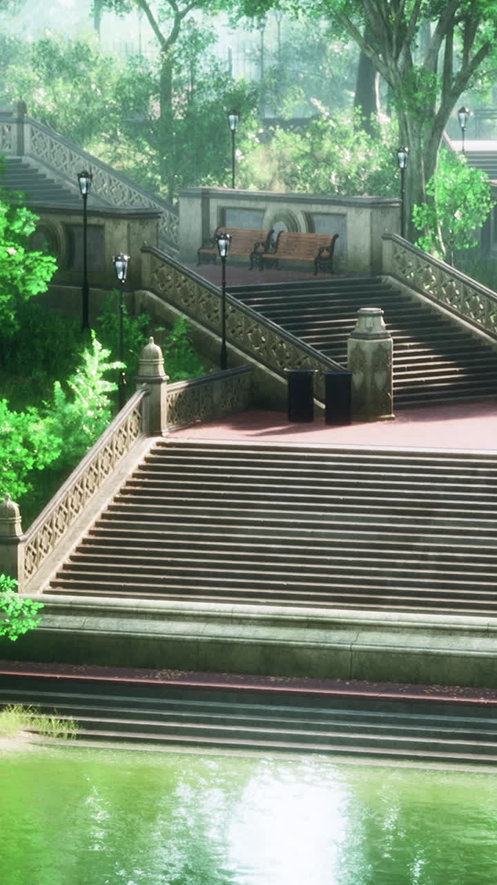 공원 에 있는 강 으로 내려가는 돌 의 계단