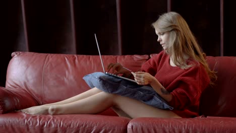 smiling pretty young girl shopping online using her laptop lying on red sofa