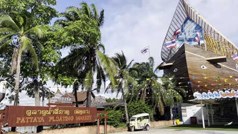entrance to pattaya floating market in thailand with unique boat architecture