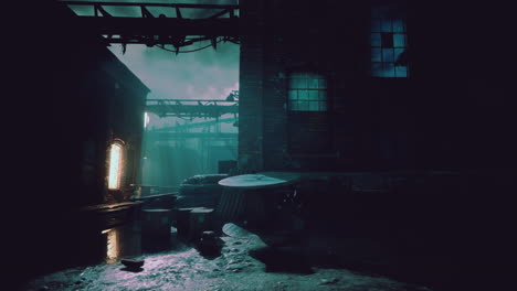 dark factory warehouse alley at night