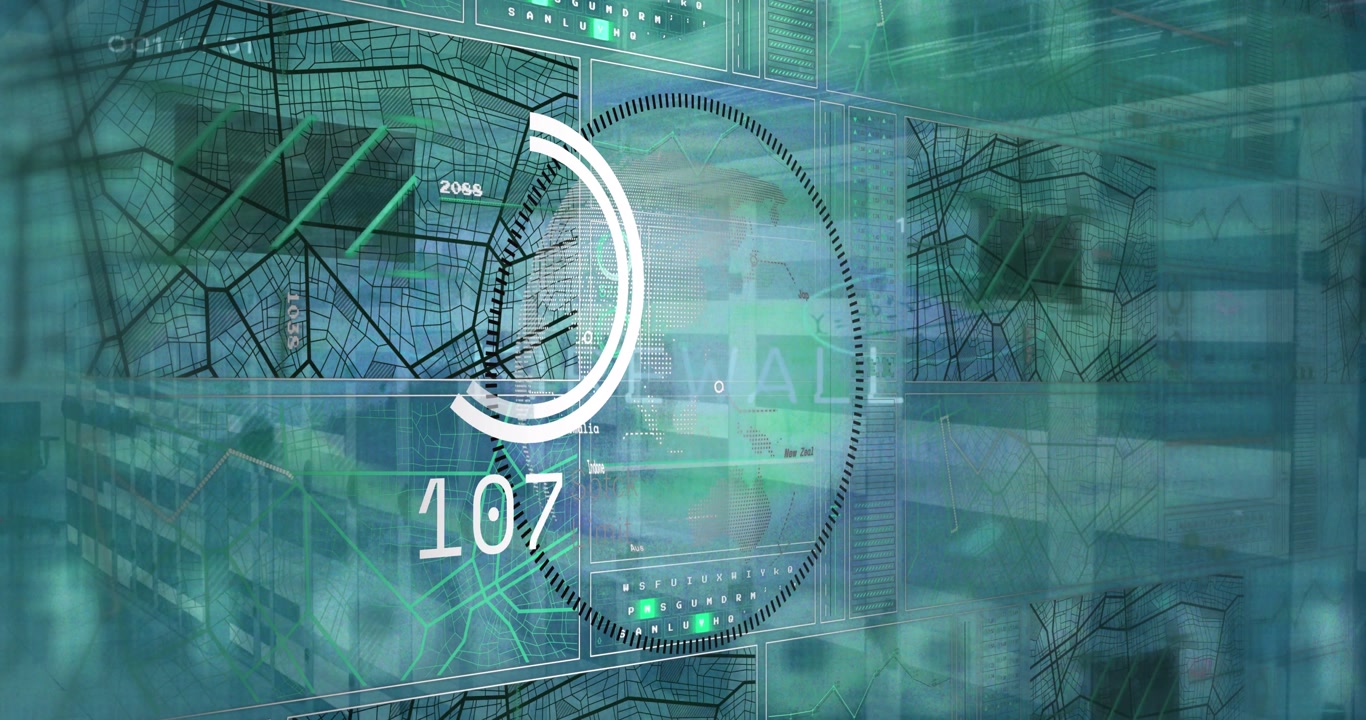 Animation of digital interface and data processing on blue background