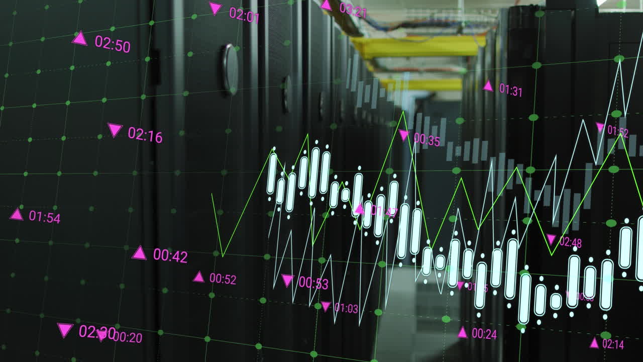 Animazione di più grafici con numeri che cambiano su una sala server dati.