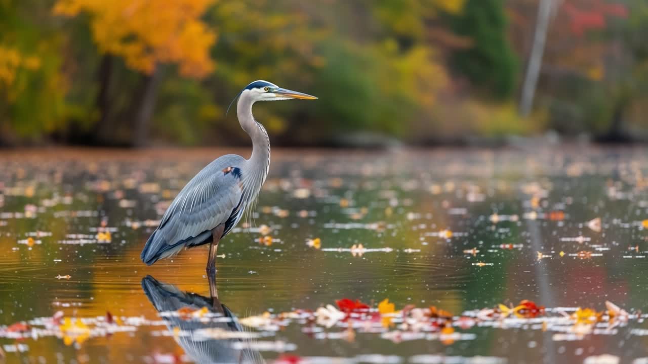 A Majestic Great Blue Heron Standing Elegant Amidst Colorful Autumn Leaves on a Serene Water Surface, Captured in a Tranquil Natural Setting