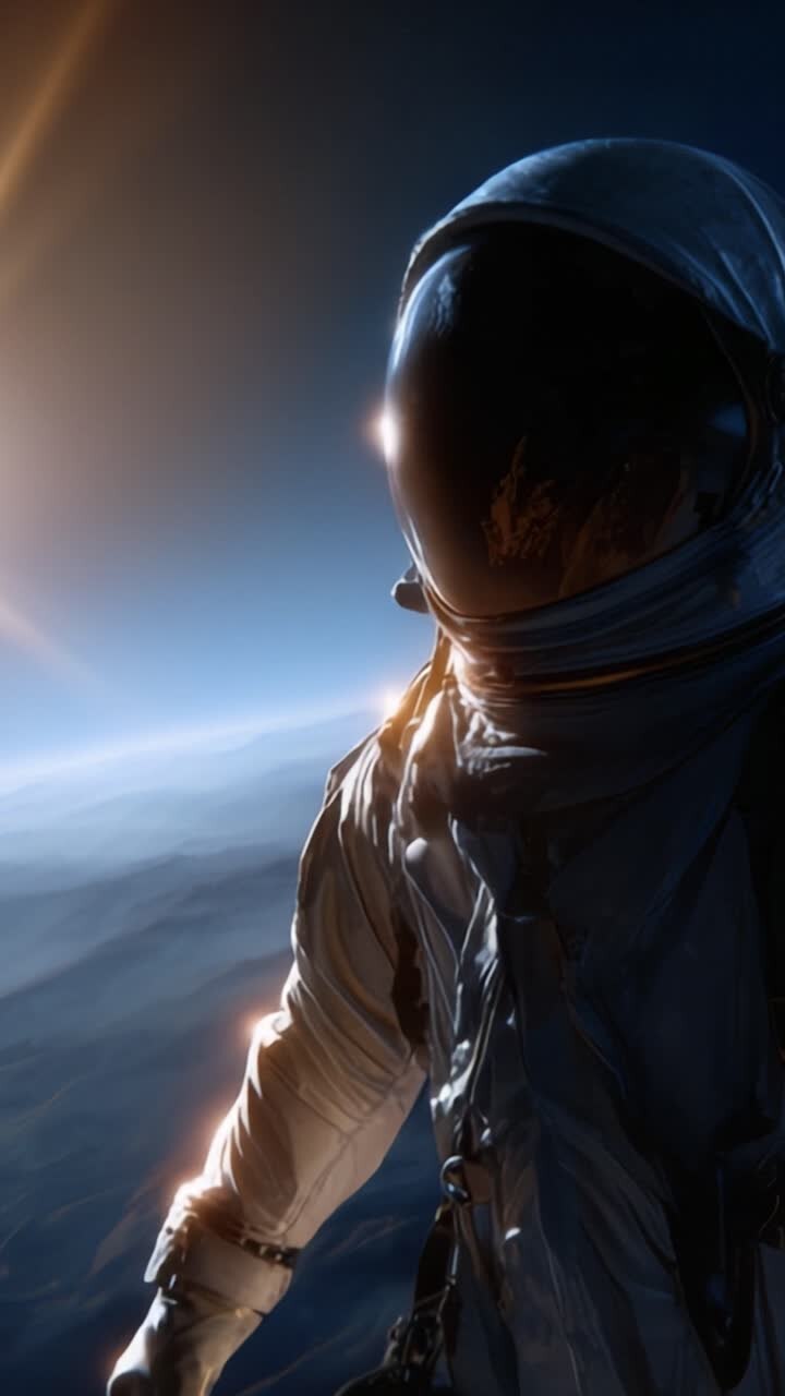 A lone astronaut gazes into the vastness of space, illuminated by the distant sun, capturing the awe-inspiring beauty of the cosmos from a breathtaking perspective