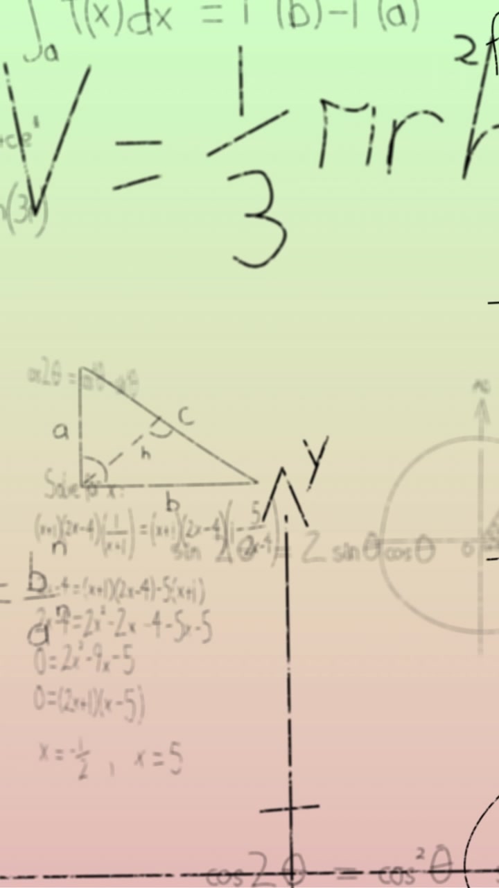 Animation of handwritten mathematical formulae over green to pink background