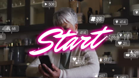 animation of text, start, with social media notifications over happy woman using smartphone in shop
