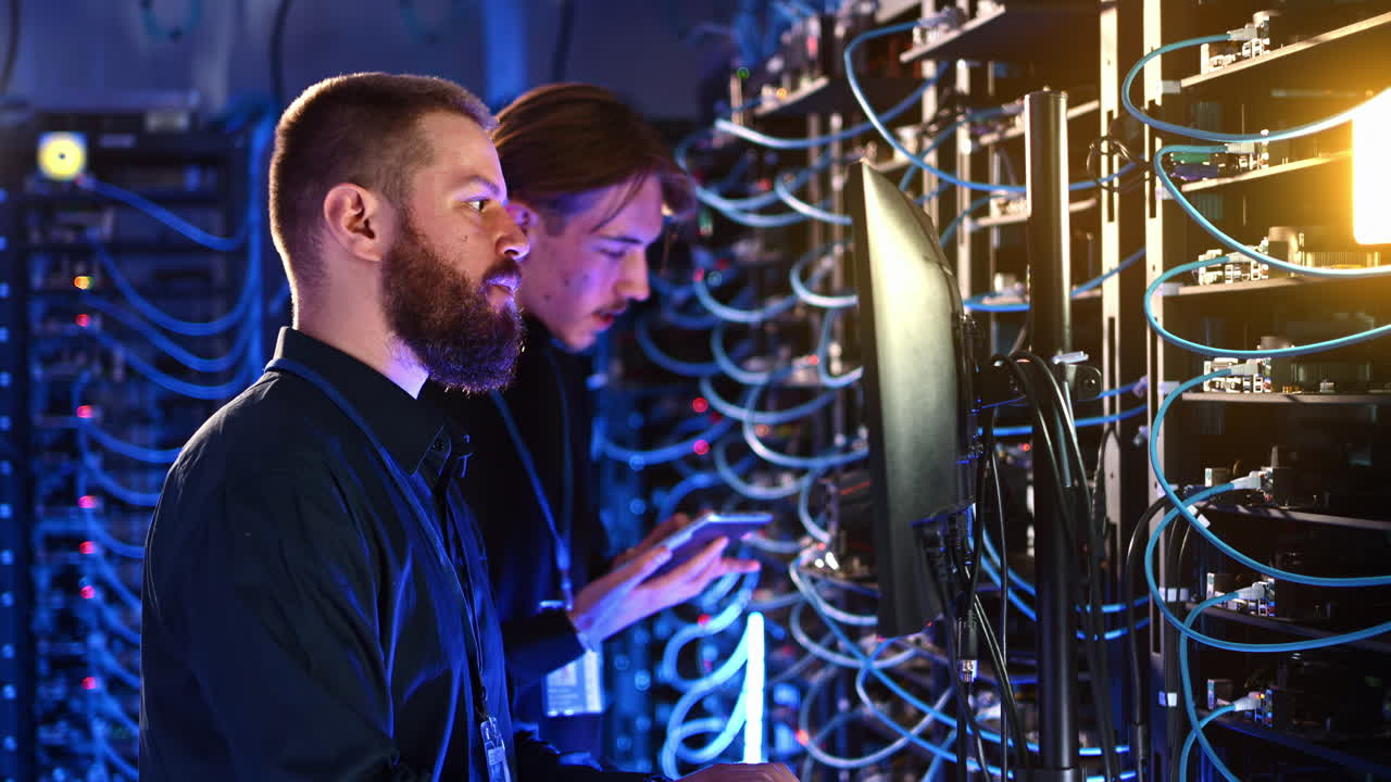 Two men managing data in a server room