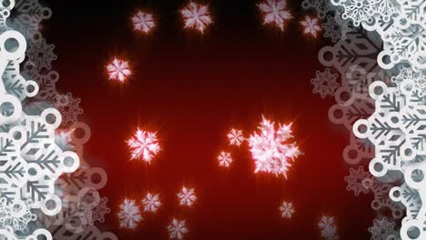 Digital-animation-of-multiple-snowflakes-icons-floating-against-red-background