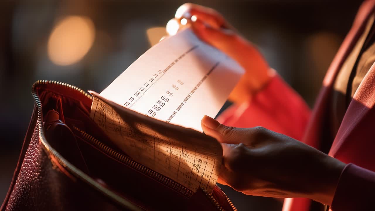 A thoughtful moment captures a hand carefully examining a sheet of paper, possibly a schedule or document, illuminated by soft lighting in a warm, cozy setting