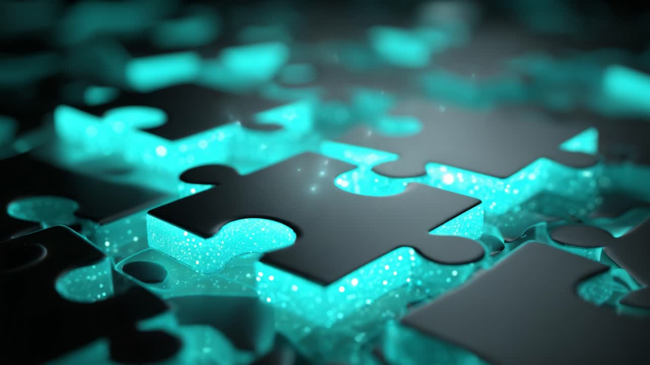 Abstract puzzle pieces with a glowing turquoise core connecting in a conceptual animation representing problem solving. Teamwork. Innovation. Technology. And strategic thinking in a business context