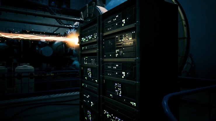 Cybernetic environment with illuminated equipment and atmospheric effects