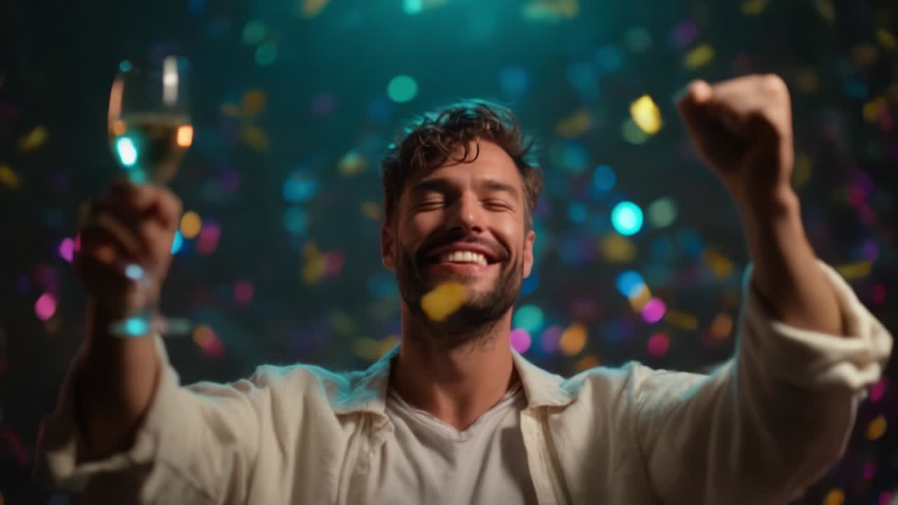 Uma celebração alegre: um homem levanta uma taça em uma atmosfera vibrante de confetes coloridos e entusiasmo, capturando a essência da felicidade e união em um momento vibrante de alegria