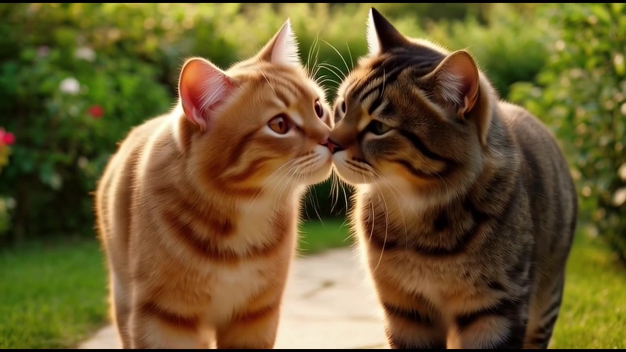Due gatti che camminano insieme e si toccano il naso in un giardino.