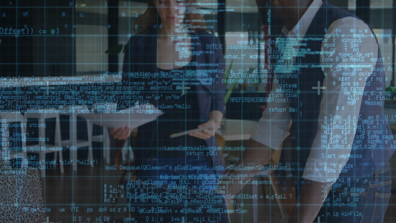 procesamiento de datos contra hombres y mujeres de negocios que trabajan en una oficina