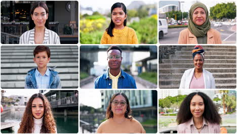 collage, diversidad y rostro de personas con sonrisa