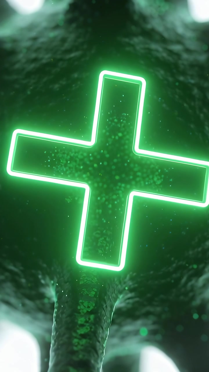 Vertical video: Shifting macro frame zooming on neon green plus rotating, revealing stem and motes