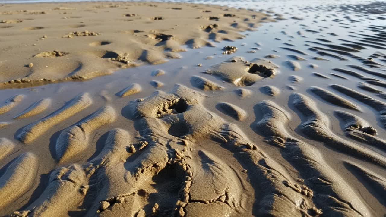 Traces of Nature: A Close-Up View of Sand Ripples and Footprints on the Shore, Capturing the Beauty of Tidal Patterns at the Beach