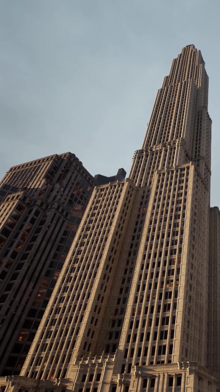 Skyline di New York con grattacieli e cielo grigio alla luce della sera
