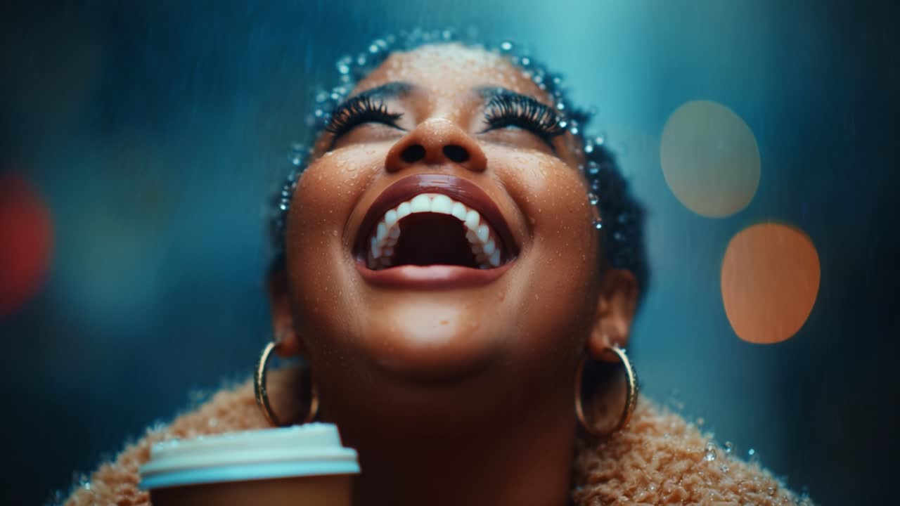 A Joyful Moment in the Rain: Capturing the Essence of Happiness and Serenity with a Smiling Woman, Hot Coffee in Hand, Reveling in the Delicate Raindrops and Lively Atmosphere